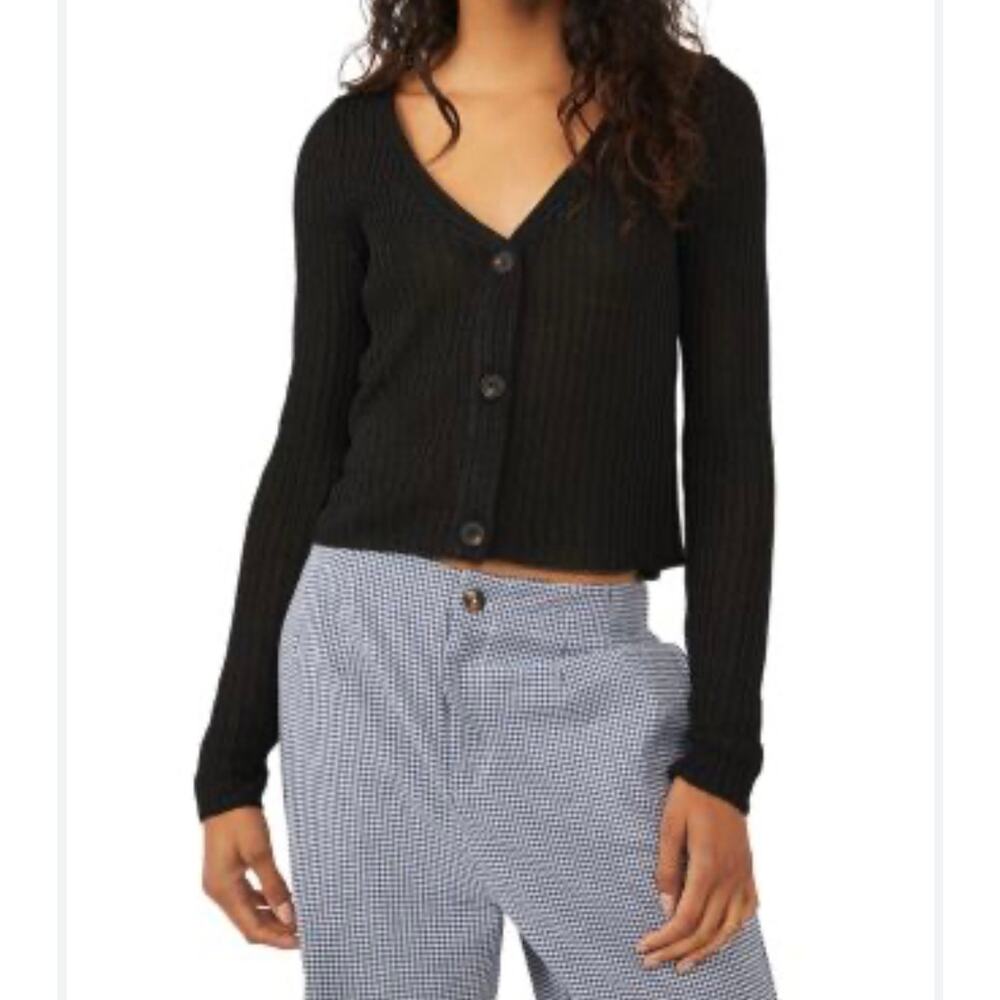 Free People Game On Ribbed Cardigan sweater black minimalist basic XS Classic